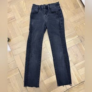 Frame Raw Hem Leather Trim Black Jeans